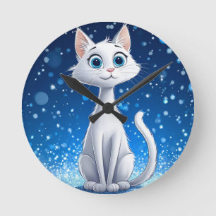Charming White Cat with Large Blue Eyes Round Clock