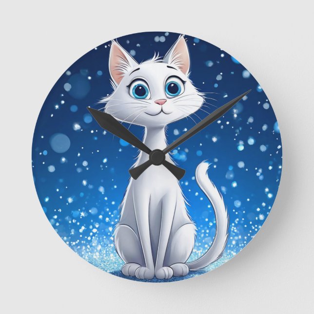 Charming White Cat with Large Blue Eyes Round Clock (Front)