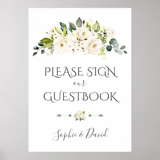 Charming White Cream Floral Guestbook Sign (Front)