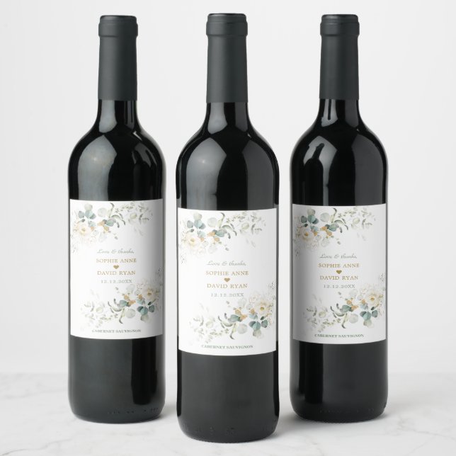 Charming White Floral Airy Leaves Wedding  Wine Label (Bottles)