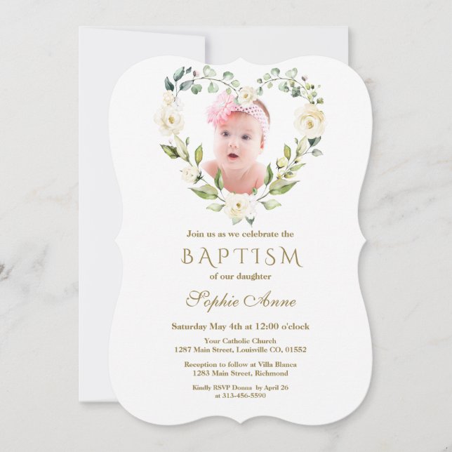 Charming White Flowers Floral Girl Photo Baptism Invitation (Front)