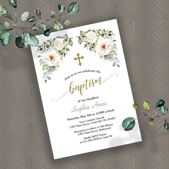 Charming White Flowers Gold Baptism Calligraphy Invitation (Creator Uploaded)