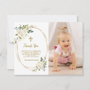 Charming White Flowers Gold Photo Girl Christening Thank You Card