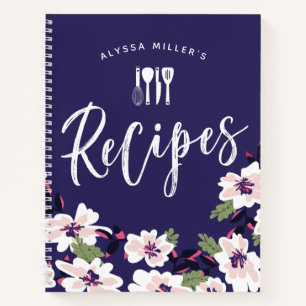Charming White Flowers Navy Blue Recipes Notebook