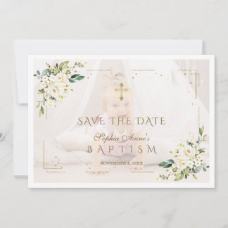 Charming White Flowers Photo Girl Baptism Save The Date