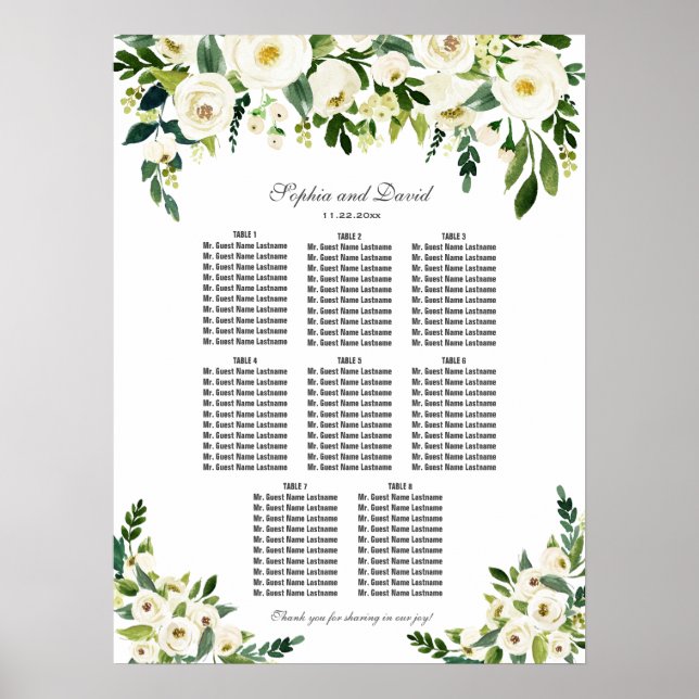 Charming White Flowers Wedding Seating Chart (Front)