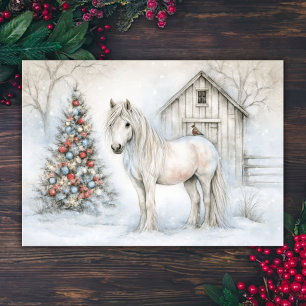 Charming White Horse and Snowy Barn Christmas Holiday Card