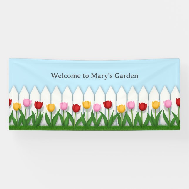 Charming White Picket Fence With Tulips Custom Banner (Horizontal)