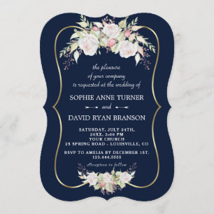 Charming White Pink Roses Navy Blue Gold Wedding Invitation