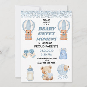 CHARMING WHITE SKY BLUE 5X7 BEAR BOY BABY SHOWER INVITATION
