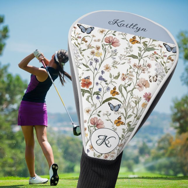Charming Wildflowers Butterflies Name Monogram Golf Head Cover (Creator Uploaded)