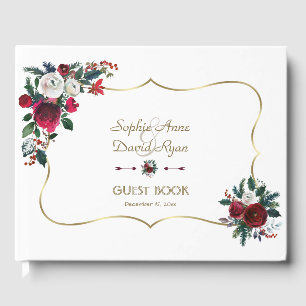 Charming Winter Burgundy Floral Pine Gold Wedding Guest Book