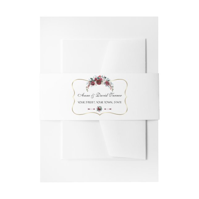 Charming Winter Burgundy Floral Pine Gold Wedding Invitation Belly Band (Front Example)