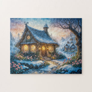 Charming Winter Cottage with Festive Lights Jigsaw Puzzle