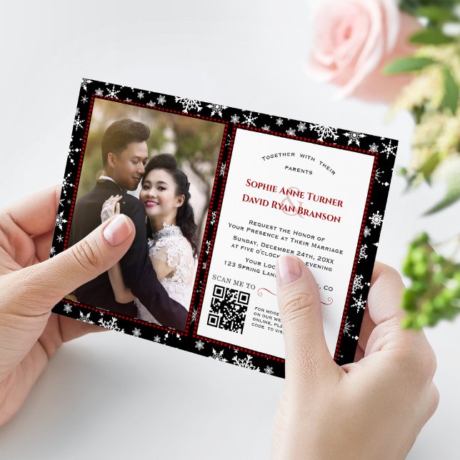 Charming Winter Holidays Snowflakes Photo Wedding Invitation (winter holidays photo wedding, snowflakes photo winter wedding, red buffalo plaid wedding invitation)