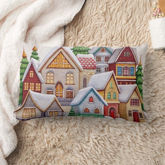 Charming Winter Village Embroidery Throw Pillow  (Blanket)