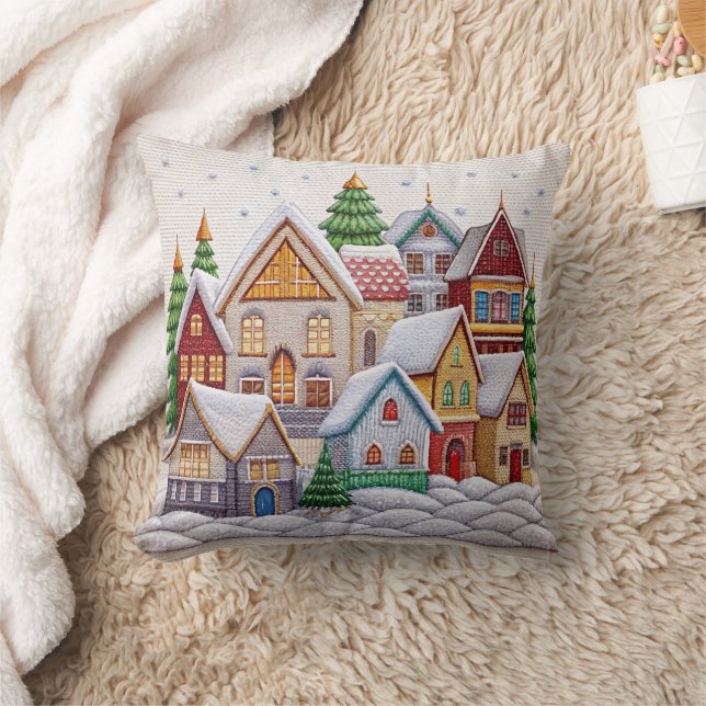 Charming Winter Village Embroidery Throw Pillow  (Blanket)