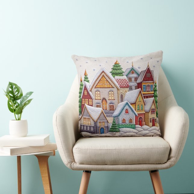 Charming Winter Village Embroidery Throw Pillow  (Chair)