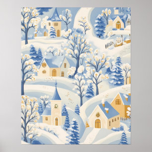 Charming Winter Village Scene in Snowy Landscape Poster