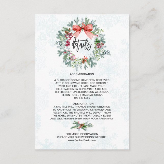 Charming Winter Wreath Snowflakes Wedding Details Enclosure Card (Front)