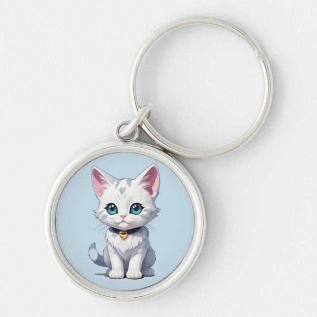 Charmingly White Cat Design Key Ring (Front)