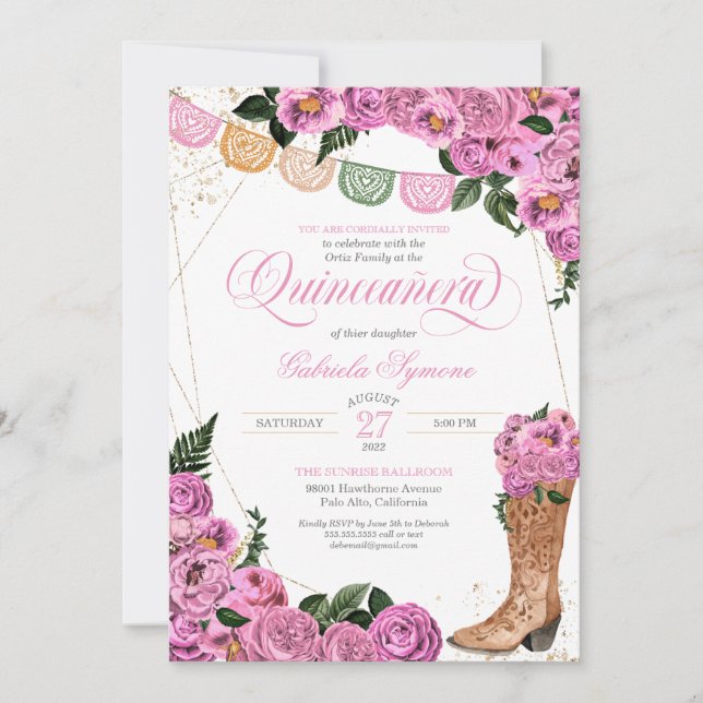 Charra Blush Pink Roses Cowgirl Boots Quinceañera Invitation (Front)