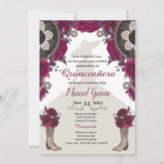 Charra Quinceanera Invitation, Burgundy Mariachi