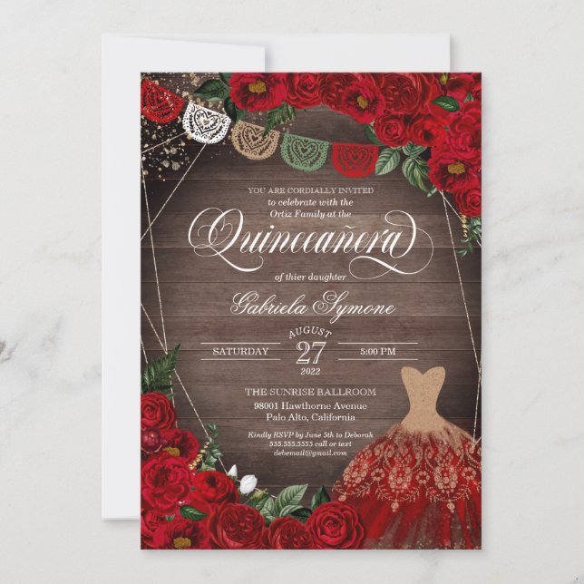 Charra Rustic Red Roses Glitter Dress Quinceañera Invitation (Front)