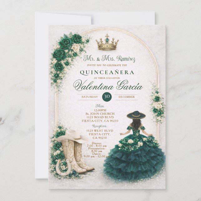 Charra Western Quince Emerald Green Quinceañera Invitation (Front)
