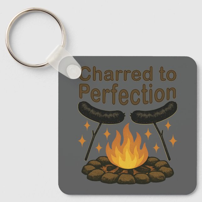 Charred to Perfection Funny Campfire Hot Dog Key Ring (Front)