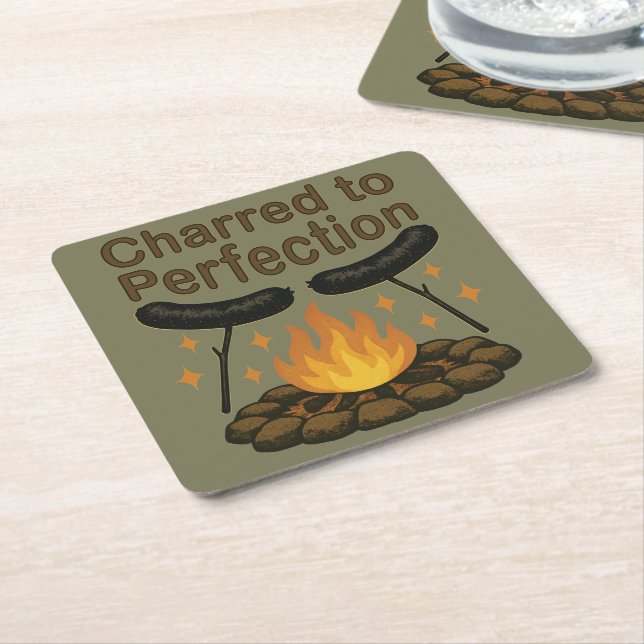 Charred to Perfection Funny Campfire Hot Dog Square Paper Coaster (Angled)