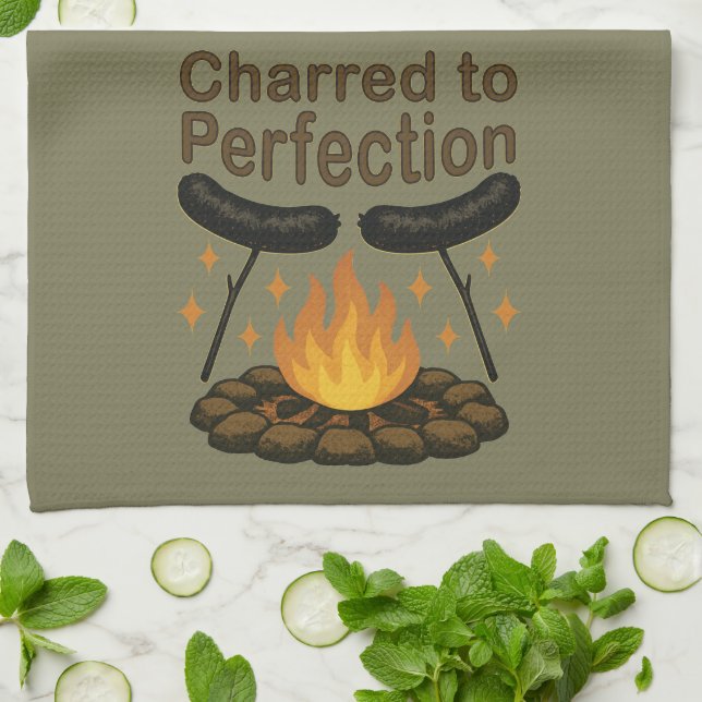Charred to Perfection Funny Campfire Hot Dog Tea Towel (Folded)