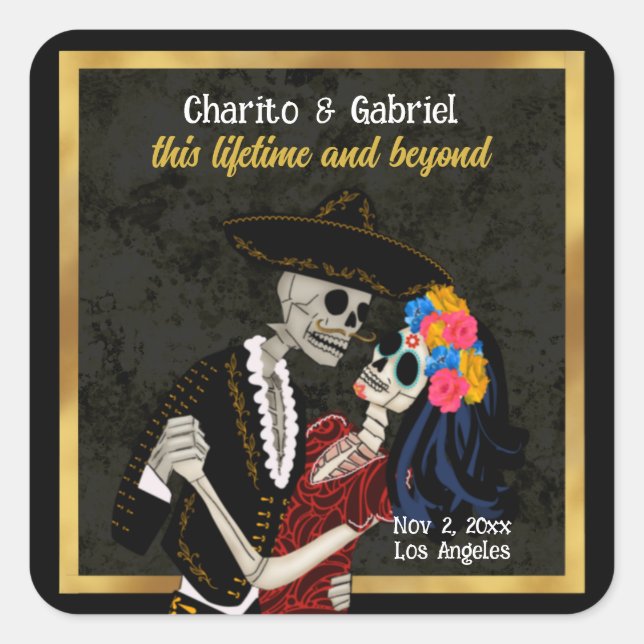 Charro and Catrina Sugar Skulls Black Square Sticker (Front)
