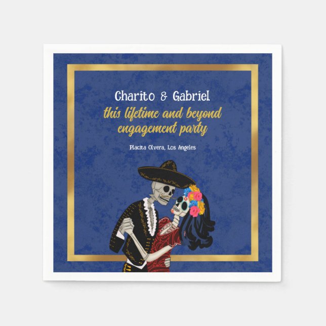 Charro and Catrina Sugar Skulls Dancing Blue Napkin (Front)