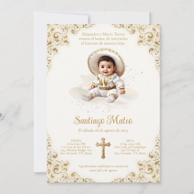 Charro Baptism Invitation – Boy – Gold & Ivory (Front)