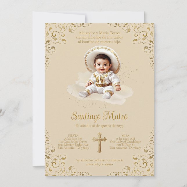 Charro Baptism Invitation – Boy – Tan & Gold (Front)