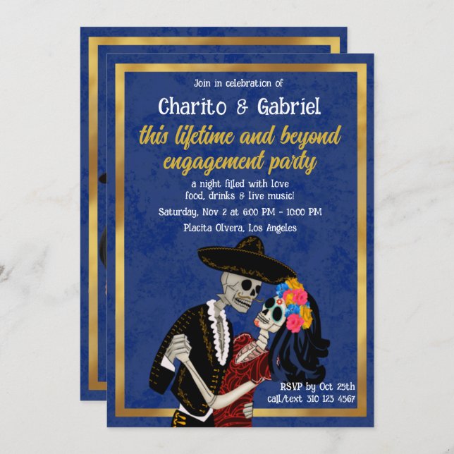 Charro Catrina Sugar Skulls Dance Blue Engagement Invitation (Front/Back)