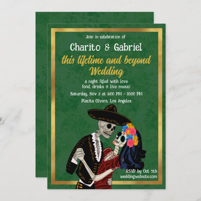Charro Catrina Sugar Skulls Dancing Green Wedding Invitation (Front/Back)