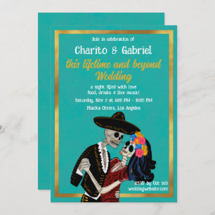 Charro Catrina Sugar Skulls Dancing Teal Wedding Invitation