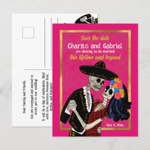 Charro Catrina Sugar Skulls Pink Save the Date Postcard