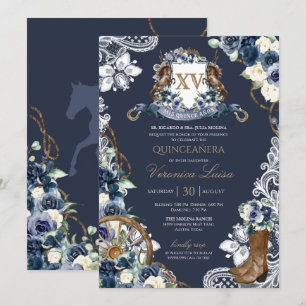 Charro Horse Crest Royal Navy Blue Quinceanera Inv Invitation
