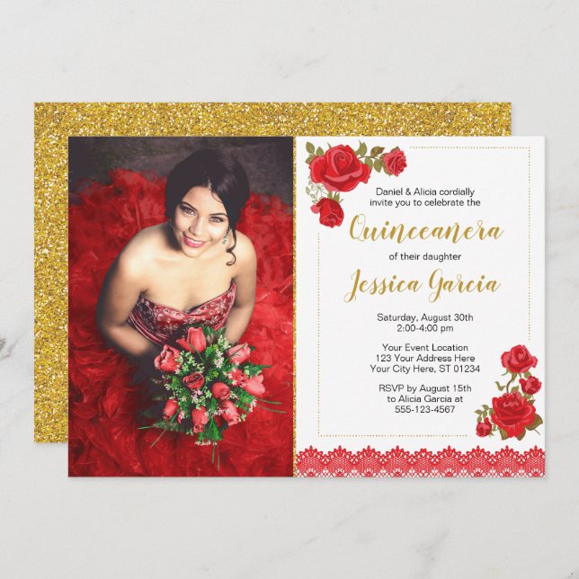 Charro Quinceañera Invitation | Roses and Lace (Front/Back)