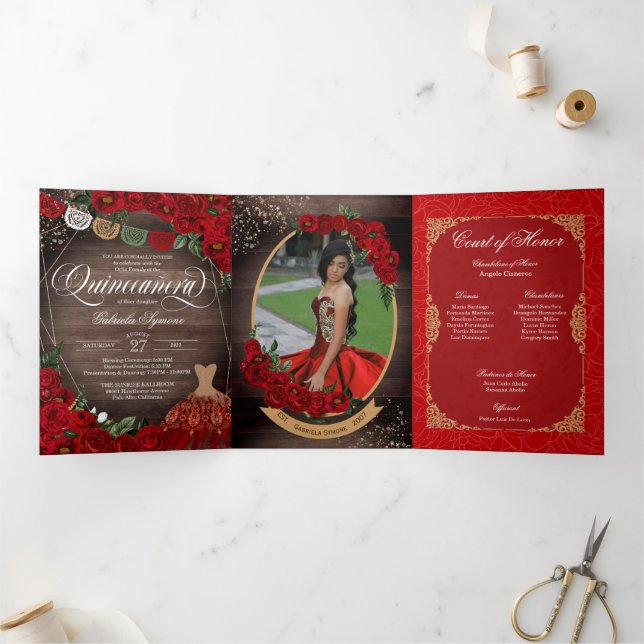Charro Red Roses Gold Add Your Photos Quinceañera  Tri-Fold Invitation (Inside)