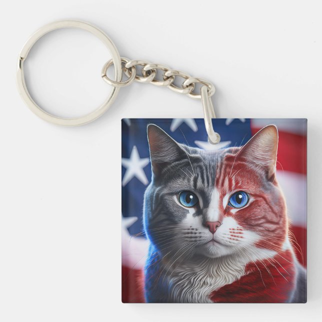 Chartreaux Breed Of Cat With U.S.Flag Background Key Ring (Front)
