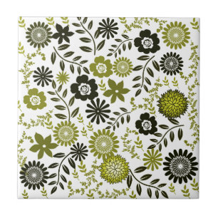 Chartreuse and Dark olive green floral pattern Tile