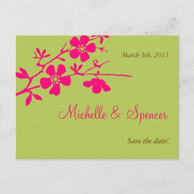 Chartreuse and Pink Blossoms Save the Dates Announcement Postcard (Front)