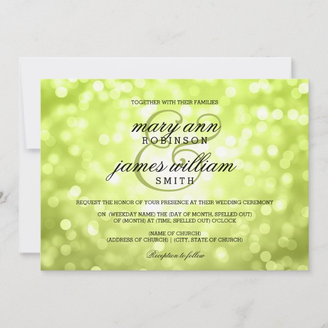 Chartreuse Bokeh Lights Elegant Wedding Invitation (Front)