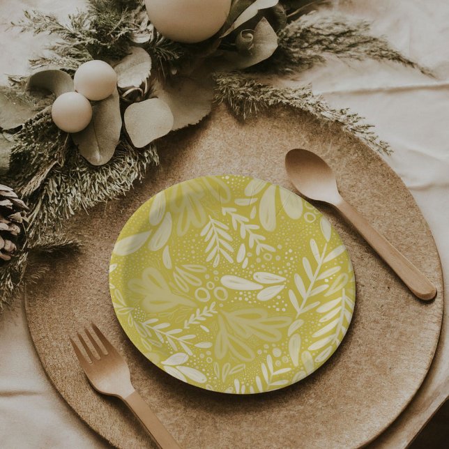 Chartreuse Bramble | Festive Botanical Plates (Chartreuse Yellow Bramble | Festive botanical holiday party paper plates)