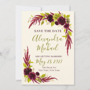 Chartreuse & Burgundy Floral Save the Date Card 