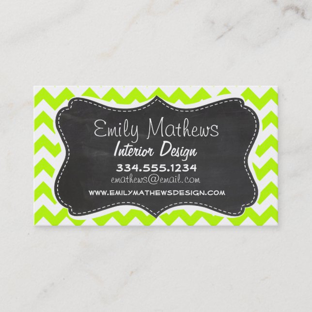 Chartreuse Chevron; Chalkboard look Business Card (Front)